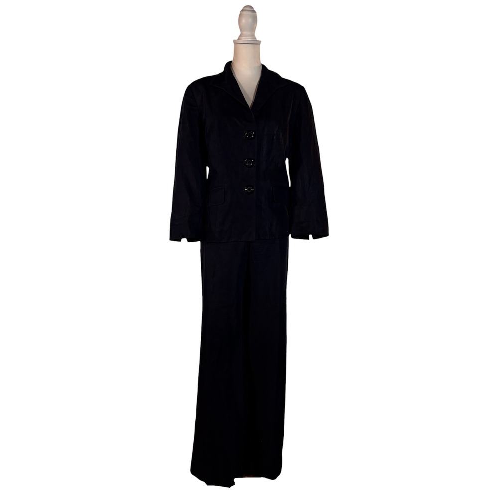 Lafayette 148 Navy Linen Cotton Pants Suit Women's 10 Wide Leg Quiet Luxury Chic